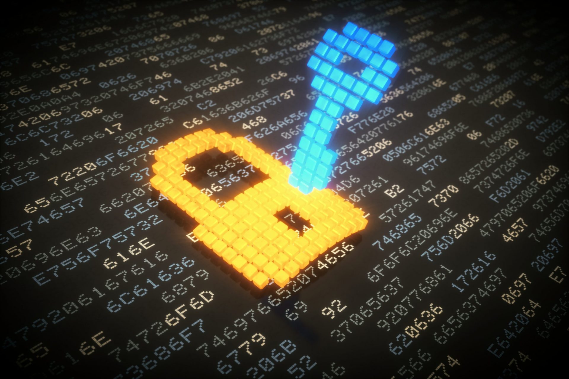 Abstract IT concept image showing a glowing pixelated lock and key over encrypted data. A stylized lock and key shapes are made out of glowing pixels (3D cubes) and both are slightly bent (curved). The key is entering the lock from the top down. The scene is placed on a dark surface that shows many rows of encrypted text in hexadecimal code.